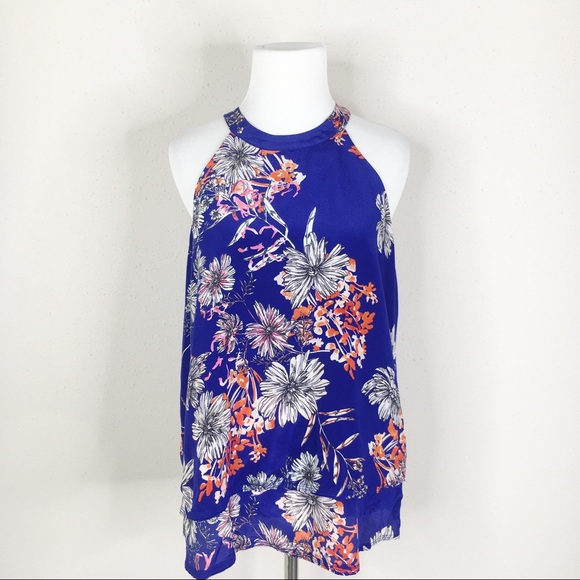 Greylin Tops - Greylin Blue Floral 100% Silk High Neck Blouse